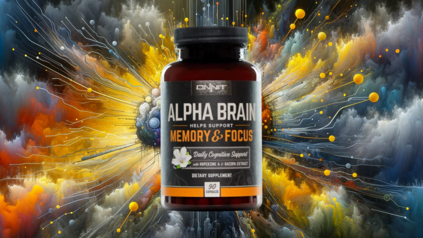 Examination of Alpha Brain's cognitive enhancement effects, highlighted through a yellow, grey, and white color scheme