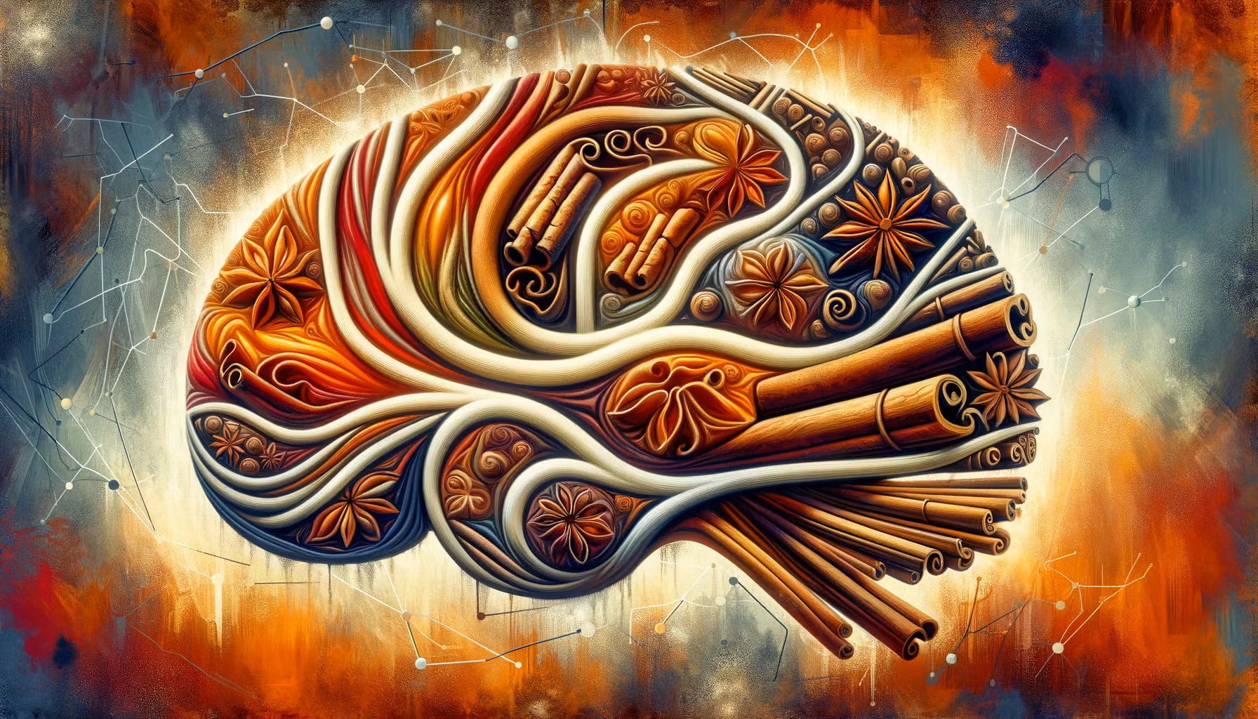 An artistic interpretation of the nootropic benefits of cinnamon, featuring warm, spicy colors and visual elements such as cinnamon sticks intertwined.