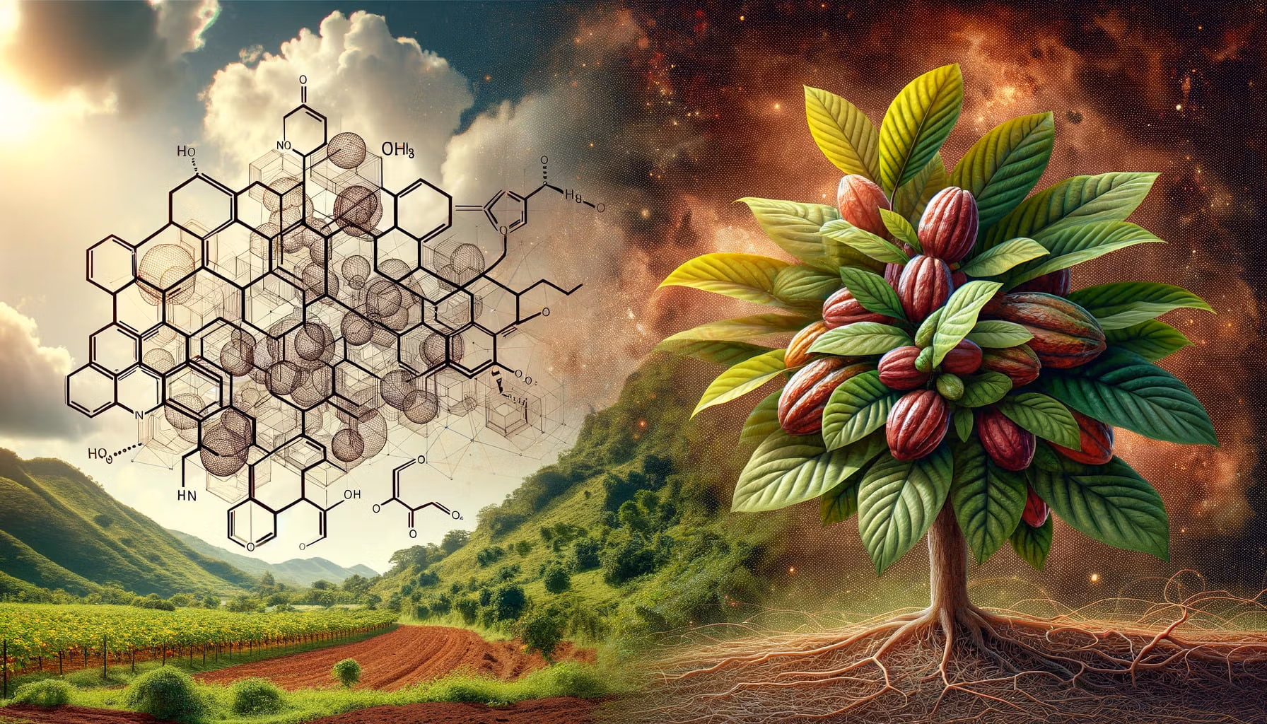 a cocoa tree depicted with fruit in a landscape setting with a detailed representation of the molecular structure