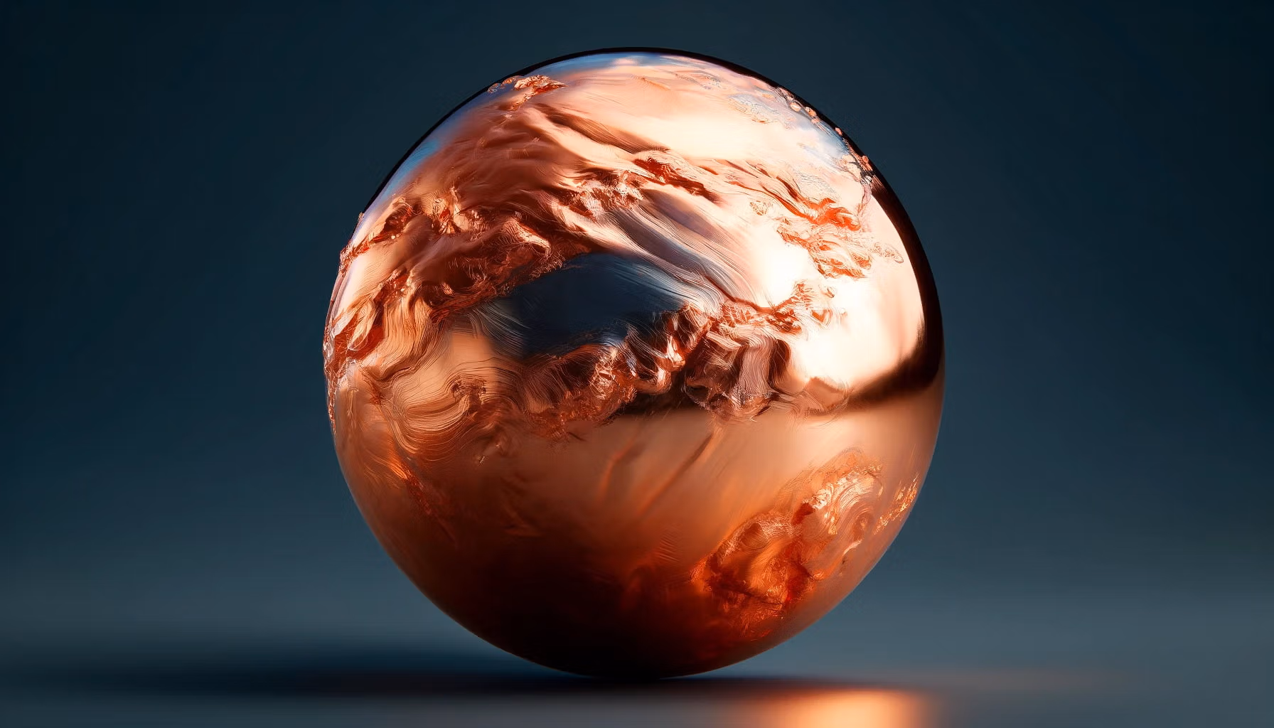 A photorealistic image of copper metal in a 3 dimensional sphere.