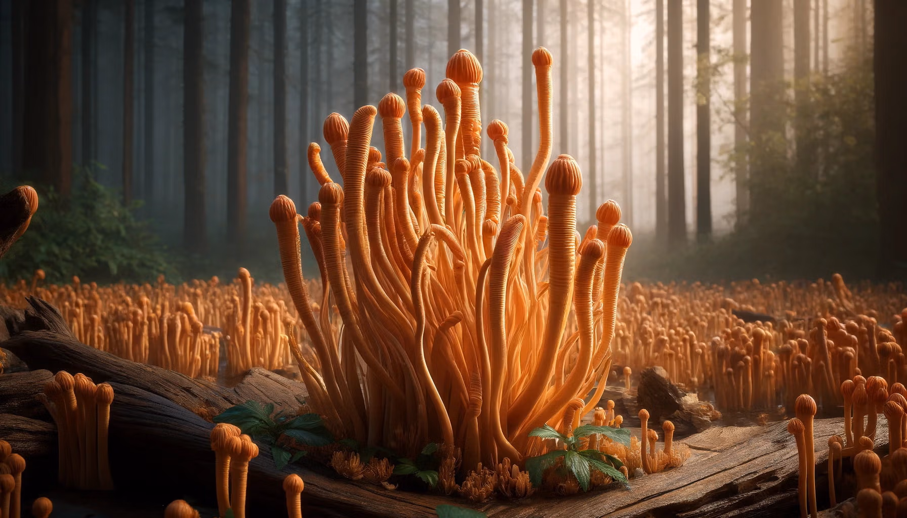 photorealistic image of cordyceps mushroom growing in a forest