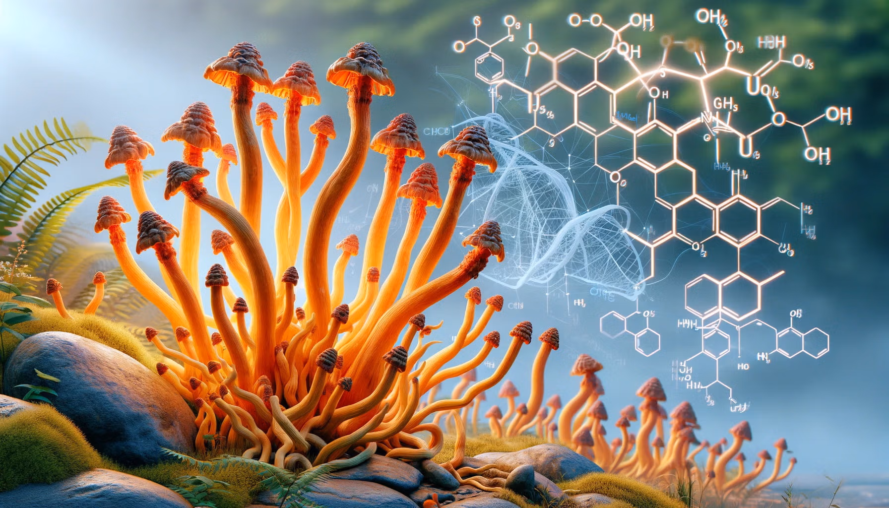 photorealistic image of cordycept mushrooms and their molecular structure