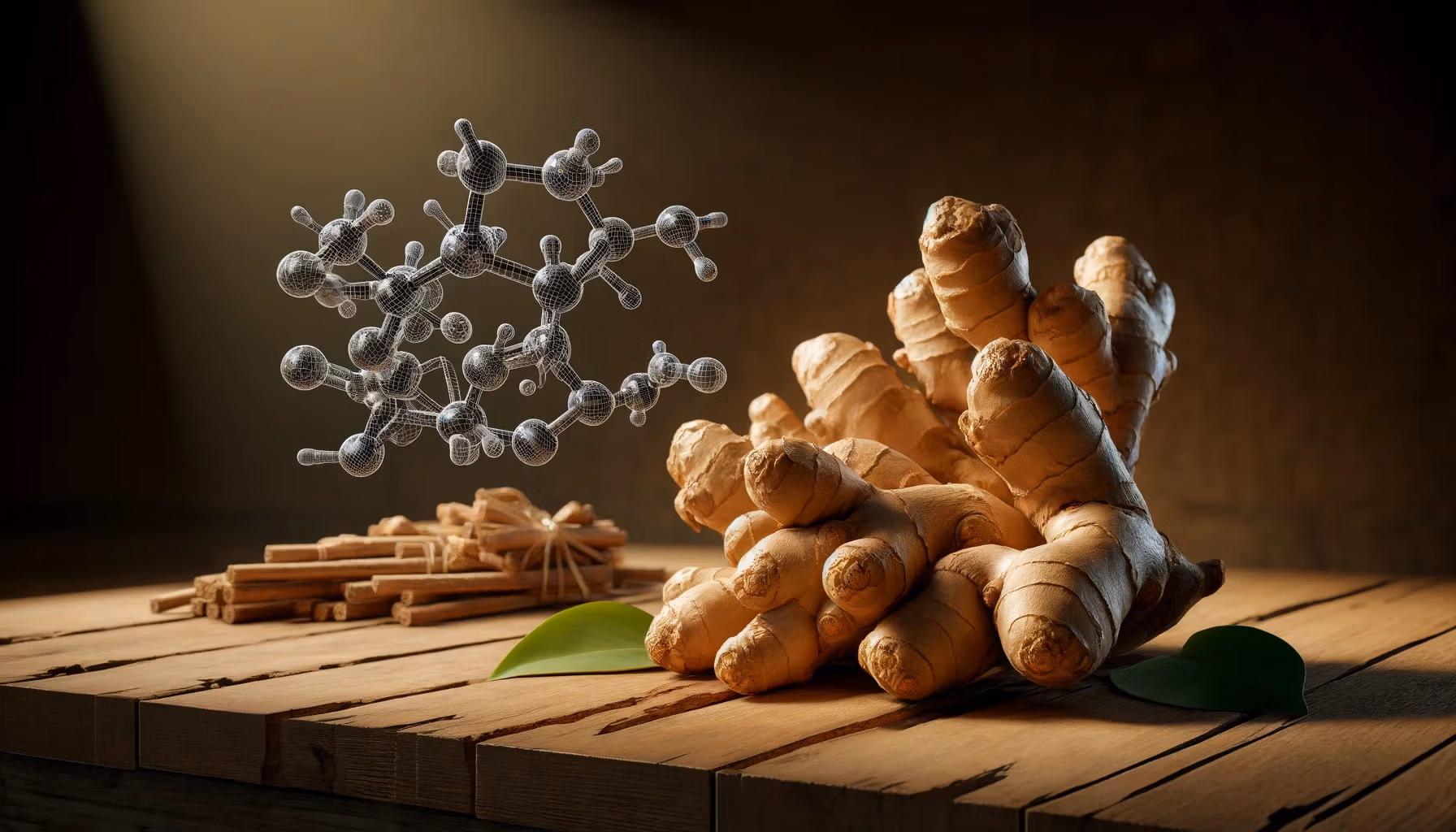 A photorealistic image of fresh ginger roots on a wooden surface, alongside a depiction of its molecular structure.