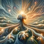An artistic interpretation of neural connections being enhanced by the nootropic compound ginger. The neural connections are depicted as intricate