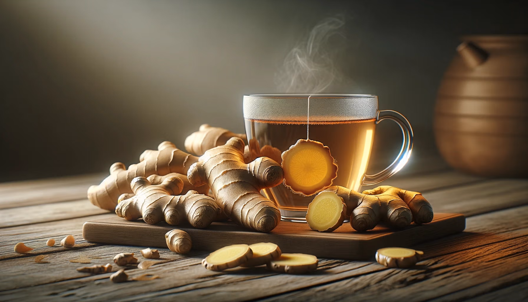 A photorealistic image of fresh ginger roots on a wooden surface next to a cup of ginger tea.
