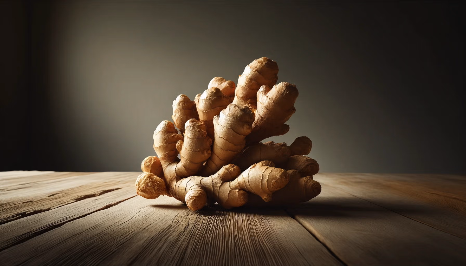 A photorealistic image of fresh ginger roots on a wooden surface.