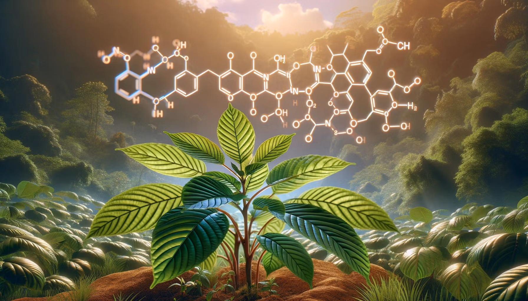 A photorealistic image of a kratom plant, featuring its leaves prominently displayed in a natural setting.
