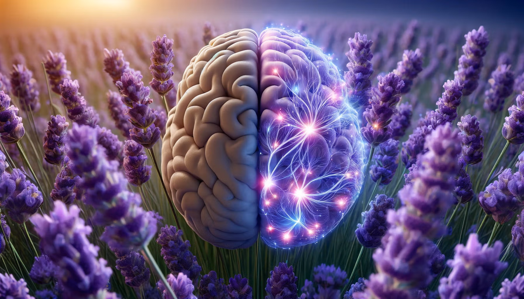 A photorealistic image of lavender and its neurological impact on the brain in landscape format.