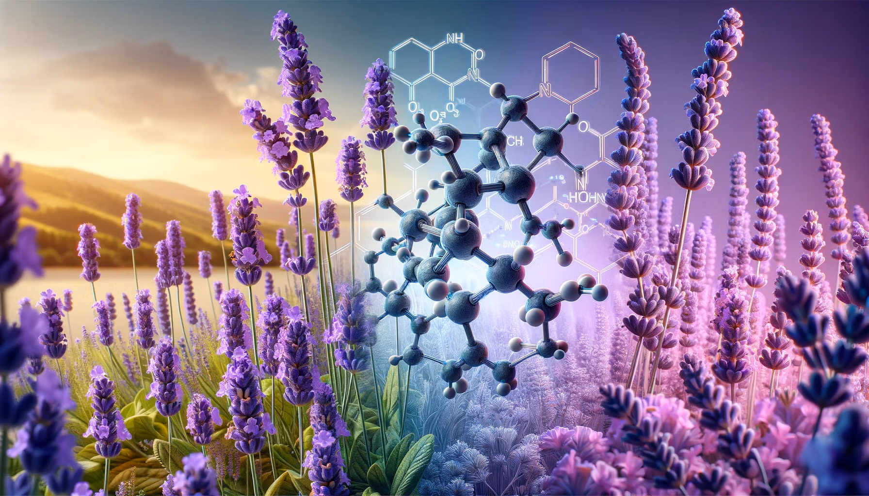 A photorealistic image of lavender and its molecular structure in landscape format.