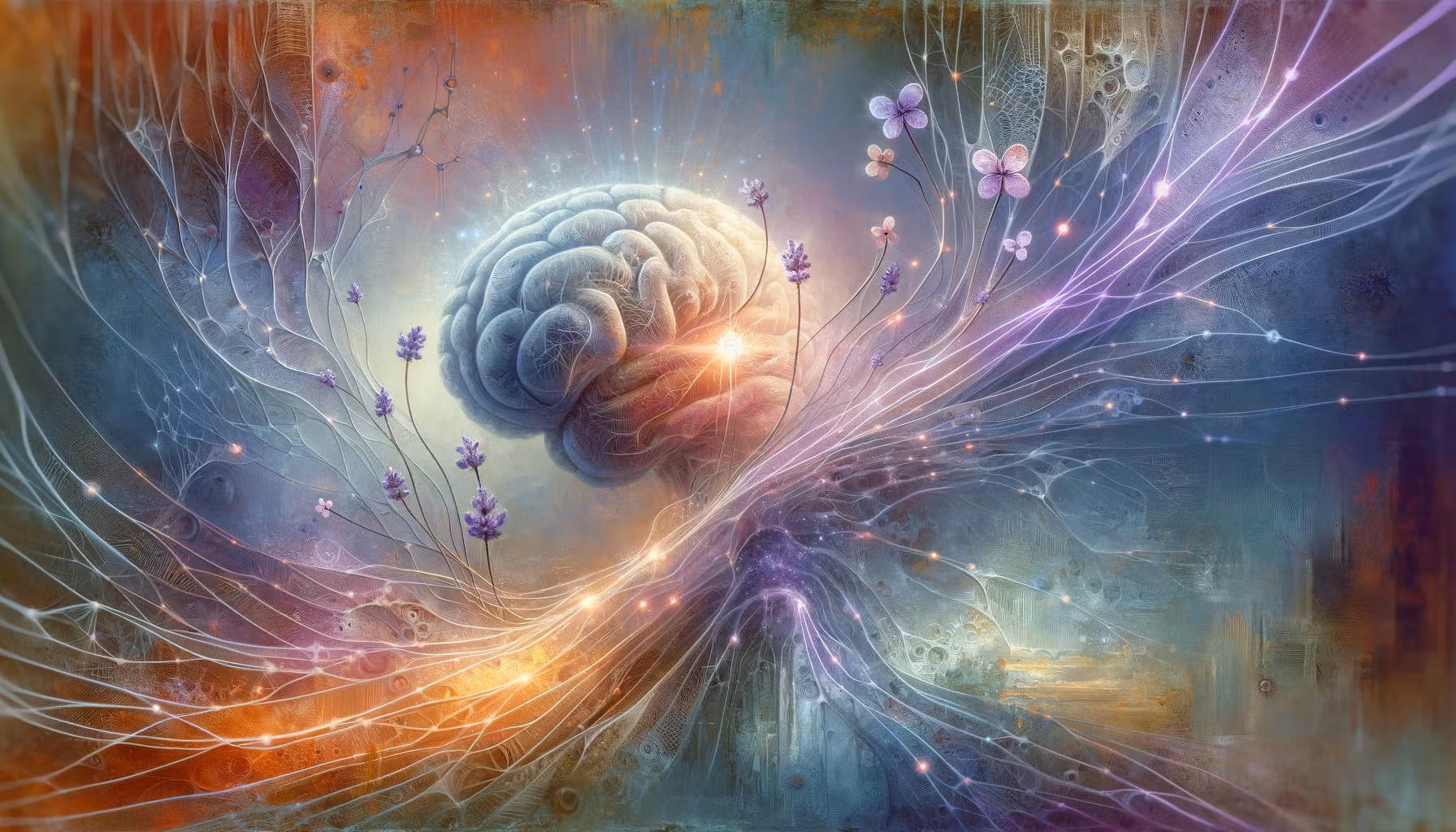 An artistic interpretation of neural connections in the brain being enhanced by the nootropic compound lavender.