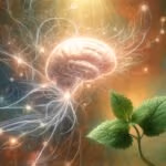 An artistic interpretation of neural connections in the brain being enhanced by a nootropic compound from lemon balm.
