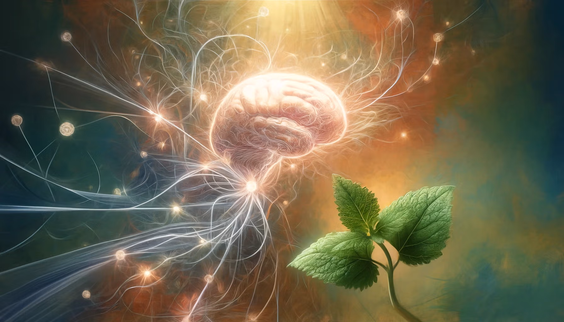 An artistic interpretation of neural connections in the brain being enhanced by a nootropic compound from lemon balm.