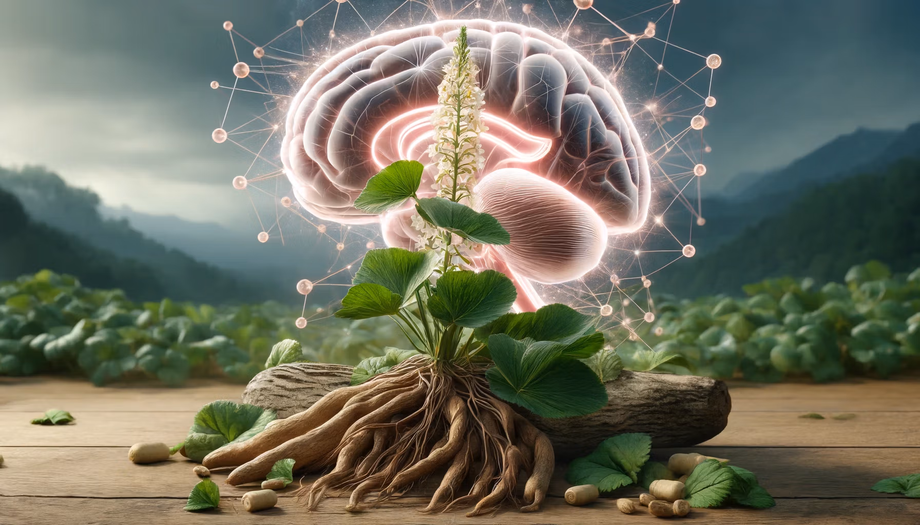  A photorealistic image of a licorice plant, featuring its roots, leaves, and flowers prominently displayed in a natural setting.