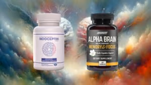 Comparing the effects of Nooceptin and Alpha Brain on brain enhancement in an abstract, artistic interpretation.