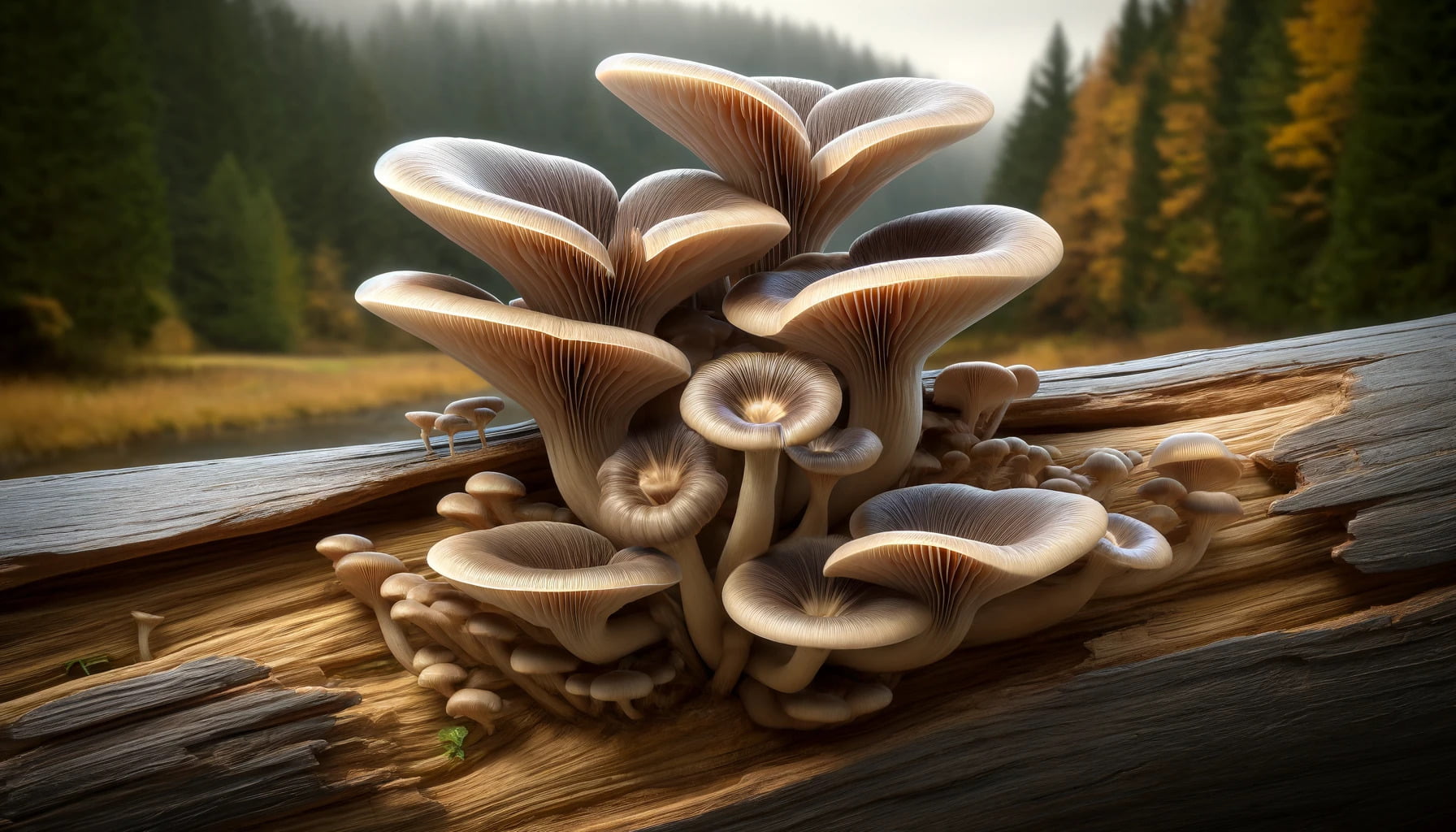 A photorealistic image of oyster mushrooms growing from a log in a landscape format.
