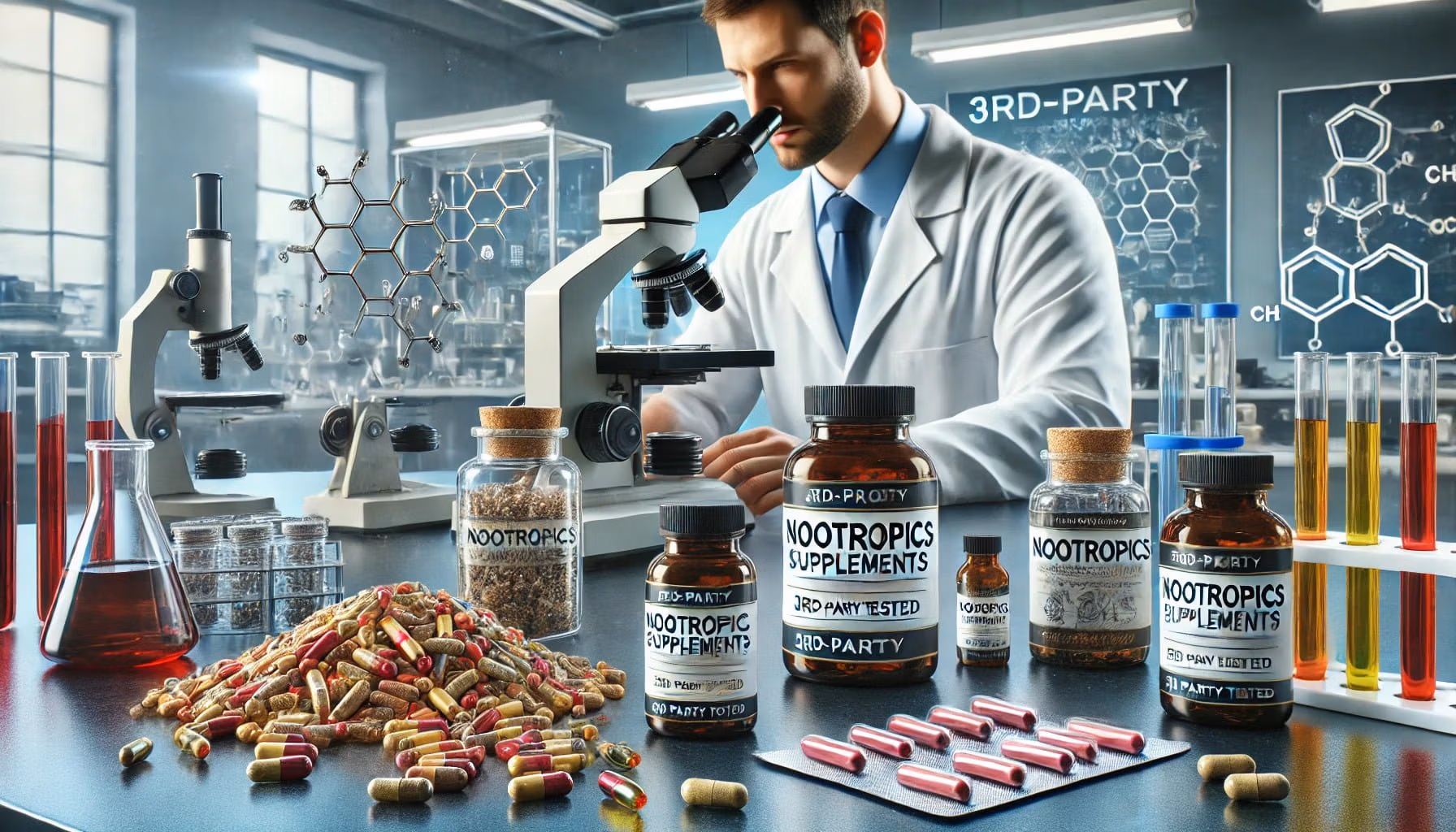 A photorealistic image of nootropics going through third-party testing.