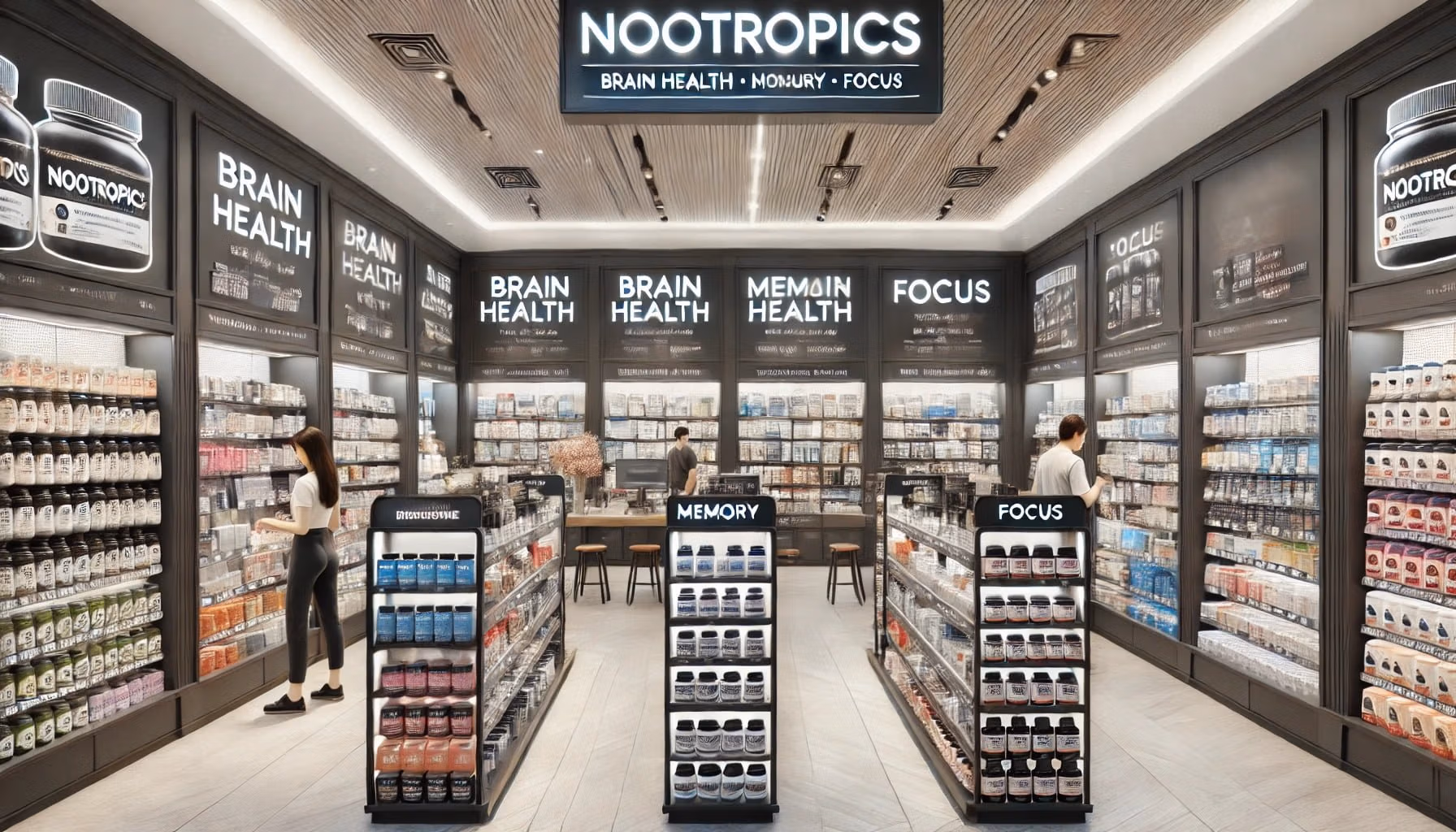 A photorealistic image of a nootropics store