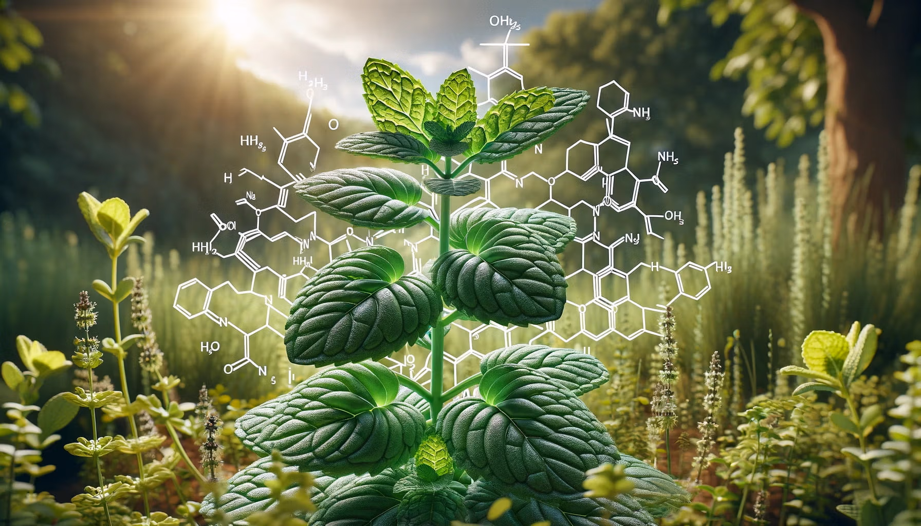 A photorealistic image of a peppermint plant in a landscape format, artistically incorporating its molecular structure.