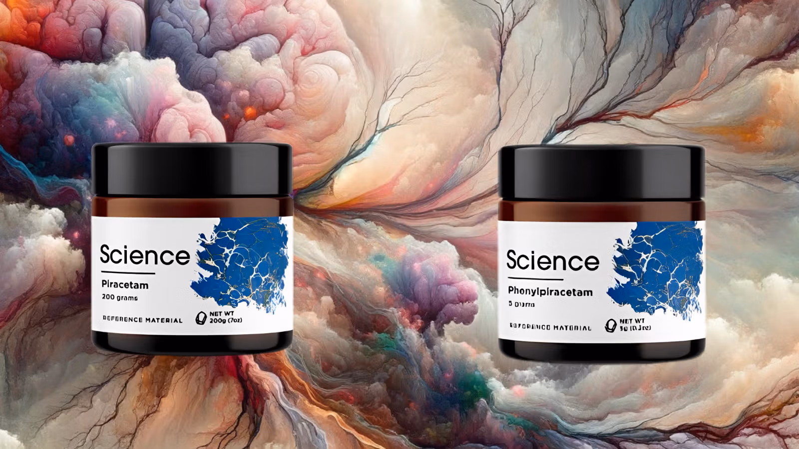 Comparing the neural effects of Piracetam and Phenylpiracetam in a surreal artistic representation.