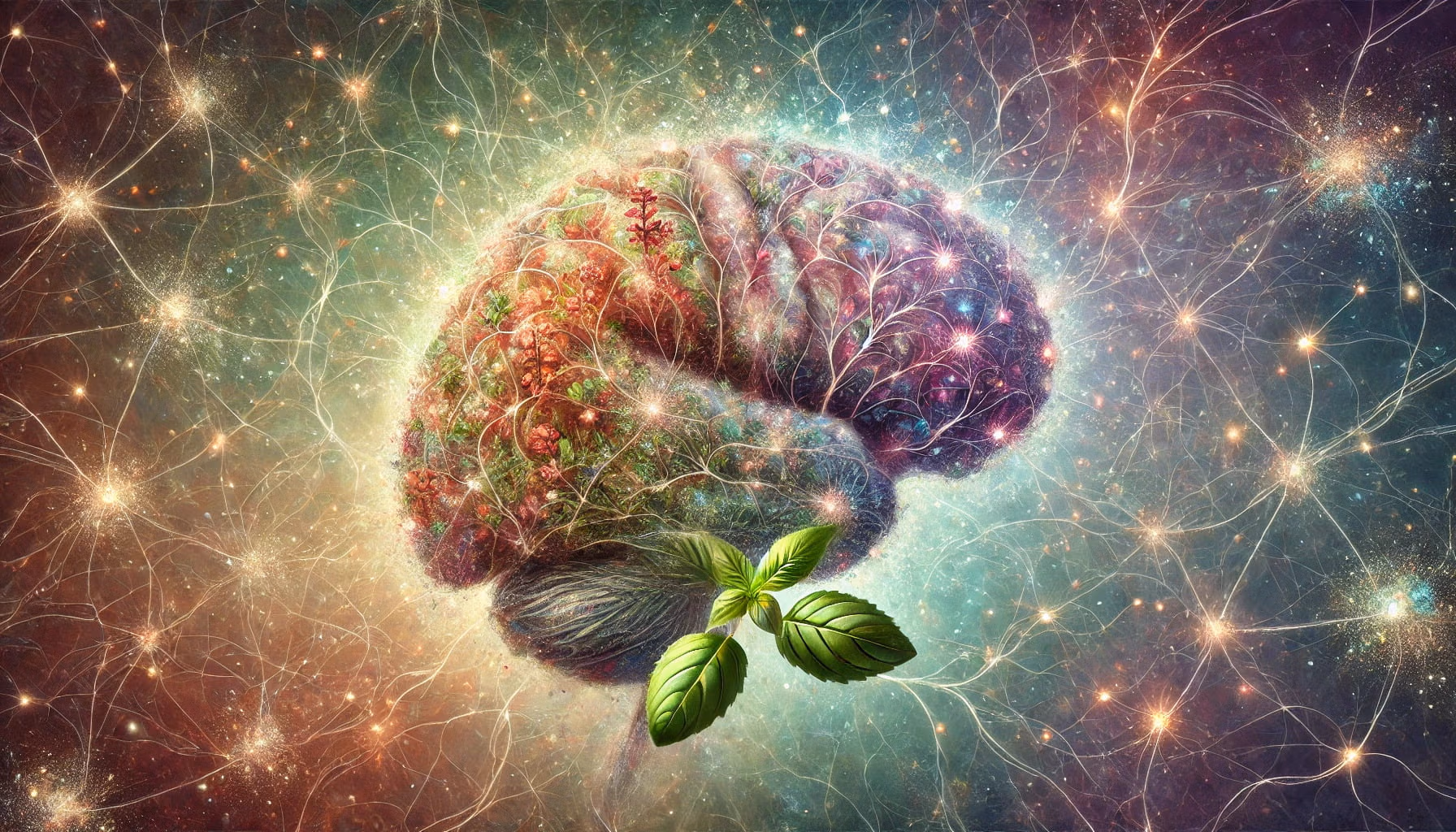 Interpretation of a brain featuring its neural connections enhanced by holy basil (Ocimum sanctum). 