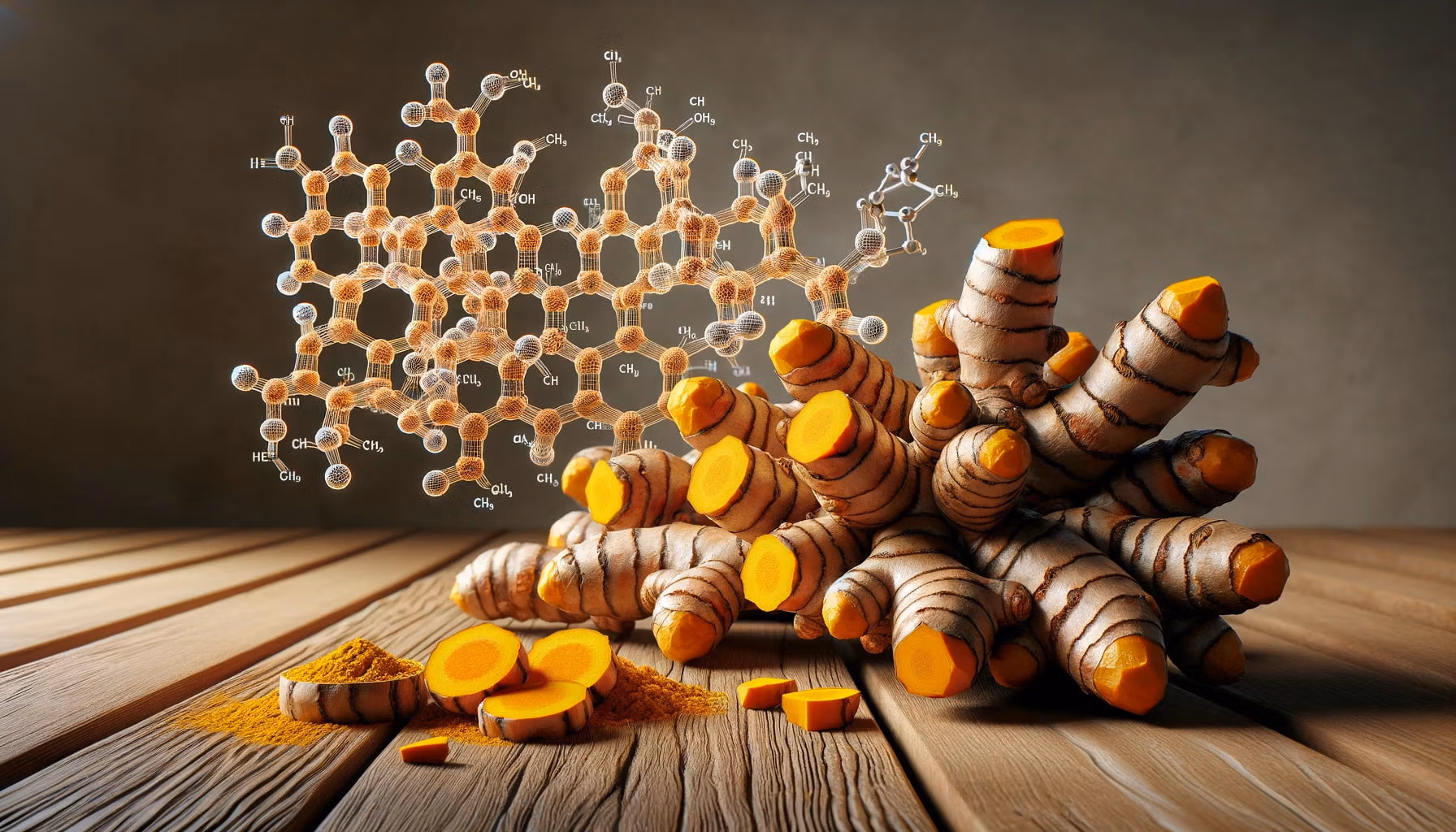 A photorealistic image of fresh turmeric roots on a wooden surface, alongside a depiction of its molecular structure.