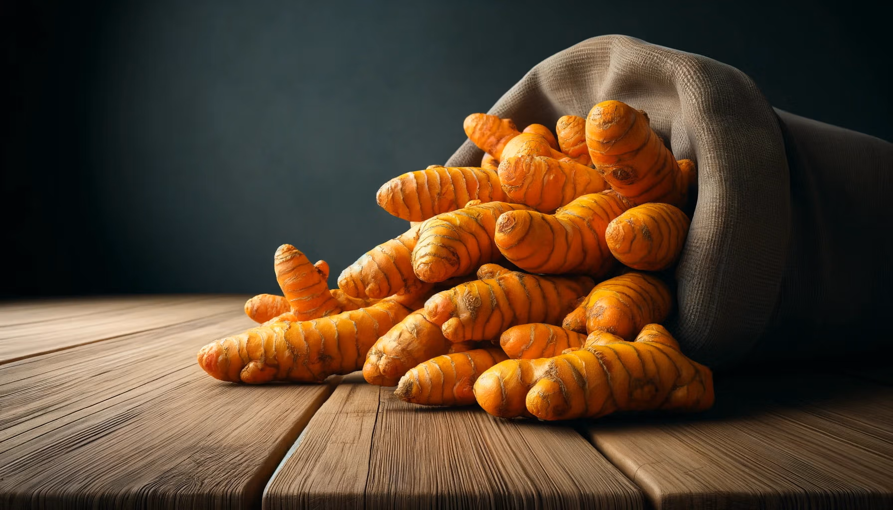 A photorealistic image of fresh turmeric roots on a wooden surface.