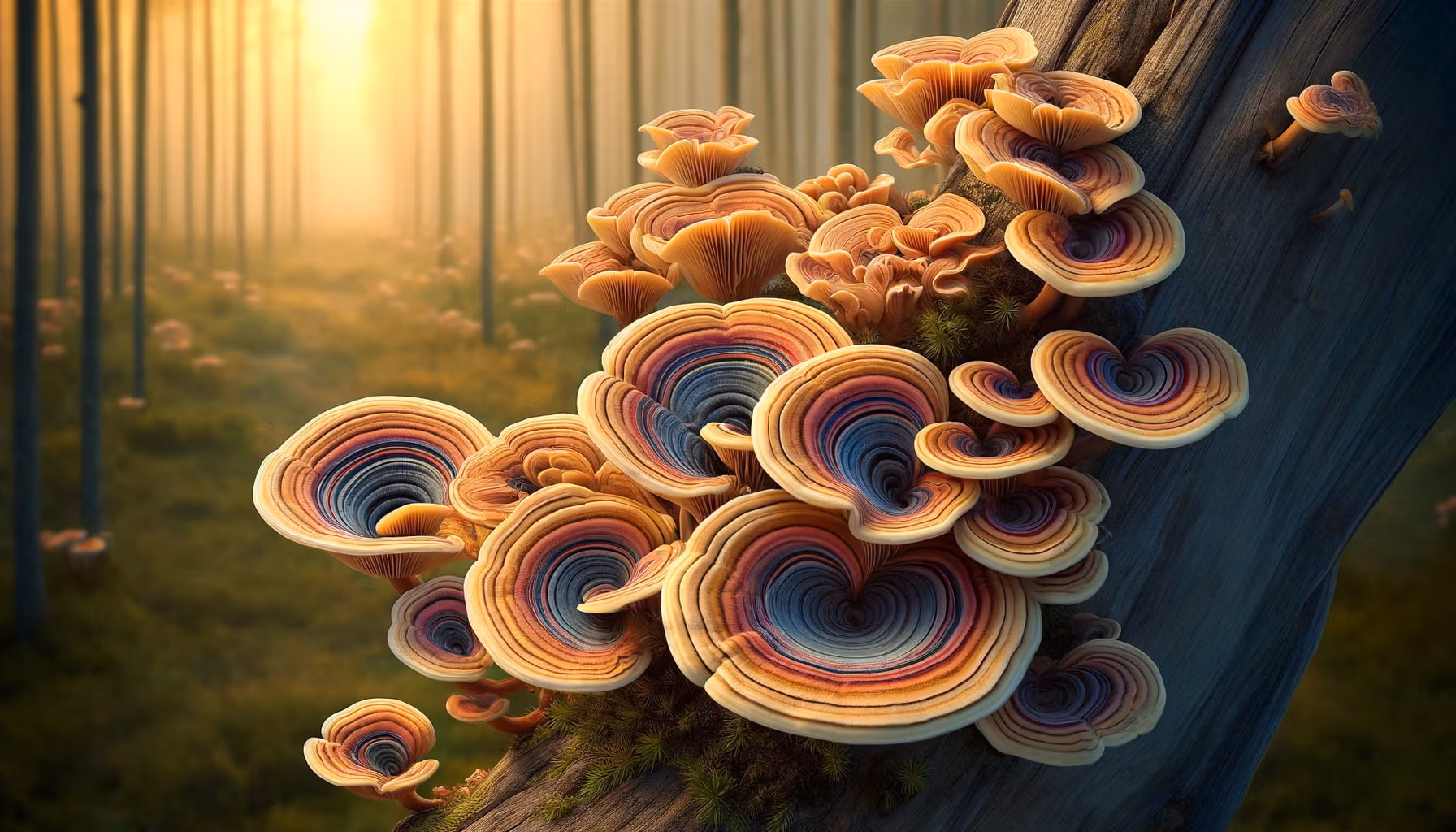 A photorealistic image of a turkey tail mushroom (Trametes versicolor) growing as a polypore mushroom in landscape format.
