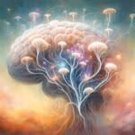 An artistic interpretation of neural connections in the brain being enhanced by the nootropic compound turkey tail mushroom.