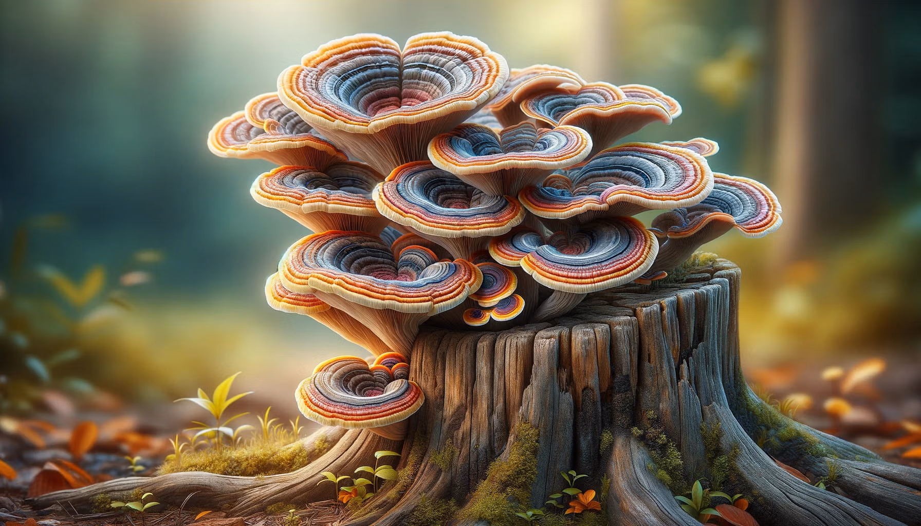 A photorealistic image of turkey tail mushroom (Trametes versicolor) growing off a tree stump in landscape format.