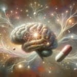 An artistic interpretation of neural connections in the brain being enhanced by a nootropic compound from Vitamin B1.