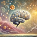 An artistic interpretation of neural connections in the brain being enhanced by a nootropic compound from Vitamin K.