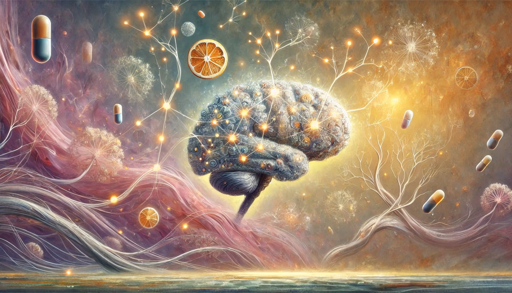 An artistic interpretation of neural connections in the brain being enhanced by a nootropic compound from Vitamin C. 