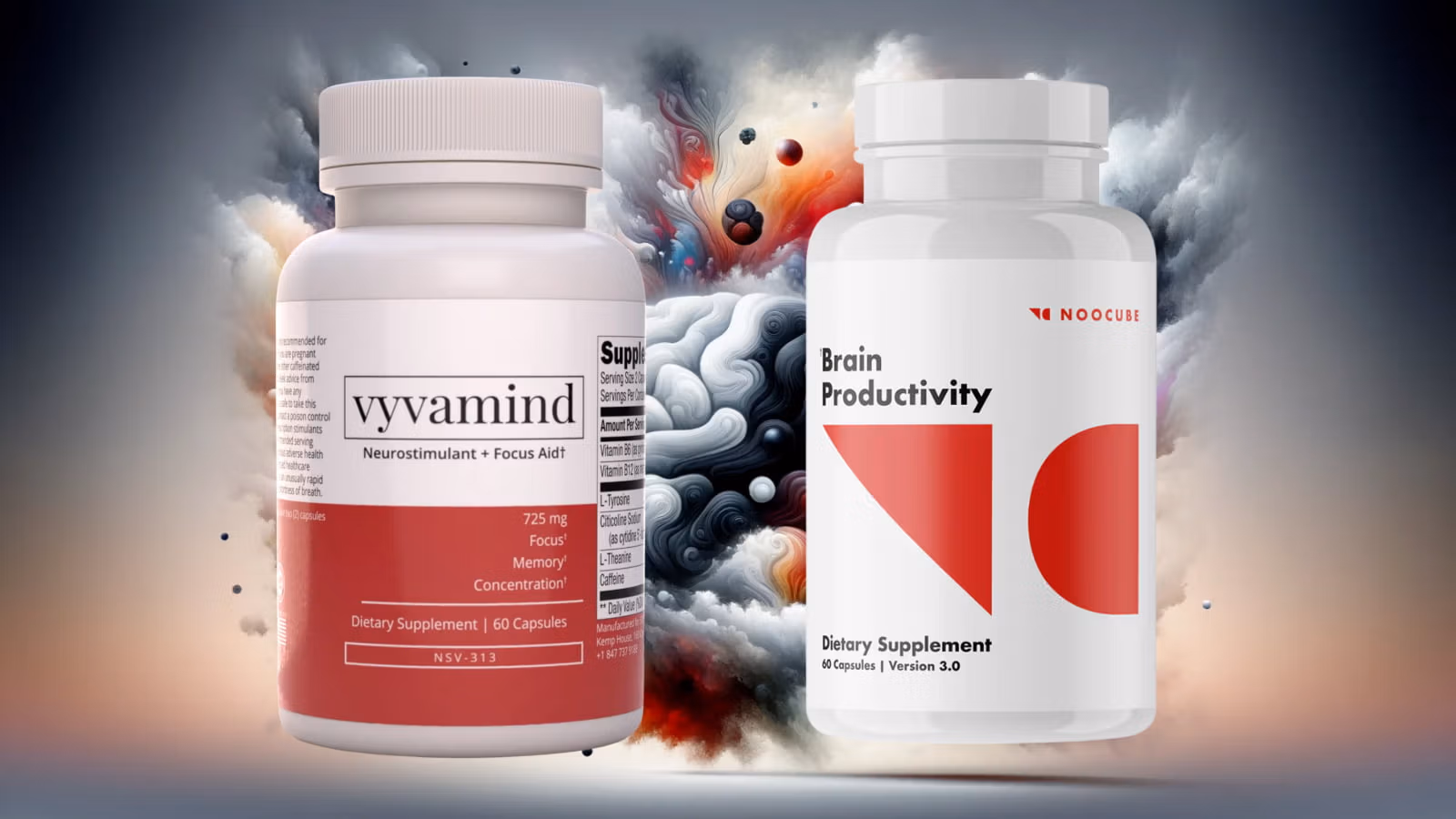 Comparison of Vyvamind and NooCube's effects on cognitive enhancement in an abstract, surreal representation.