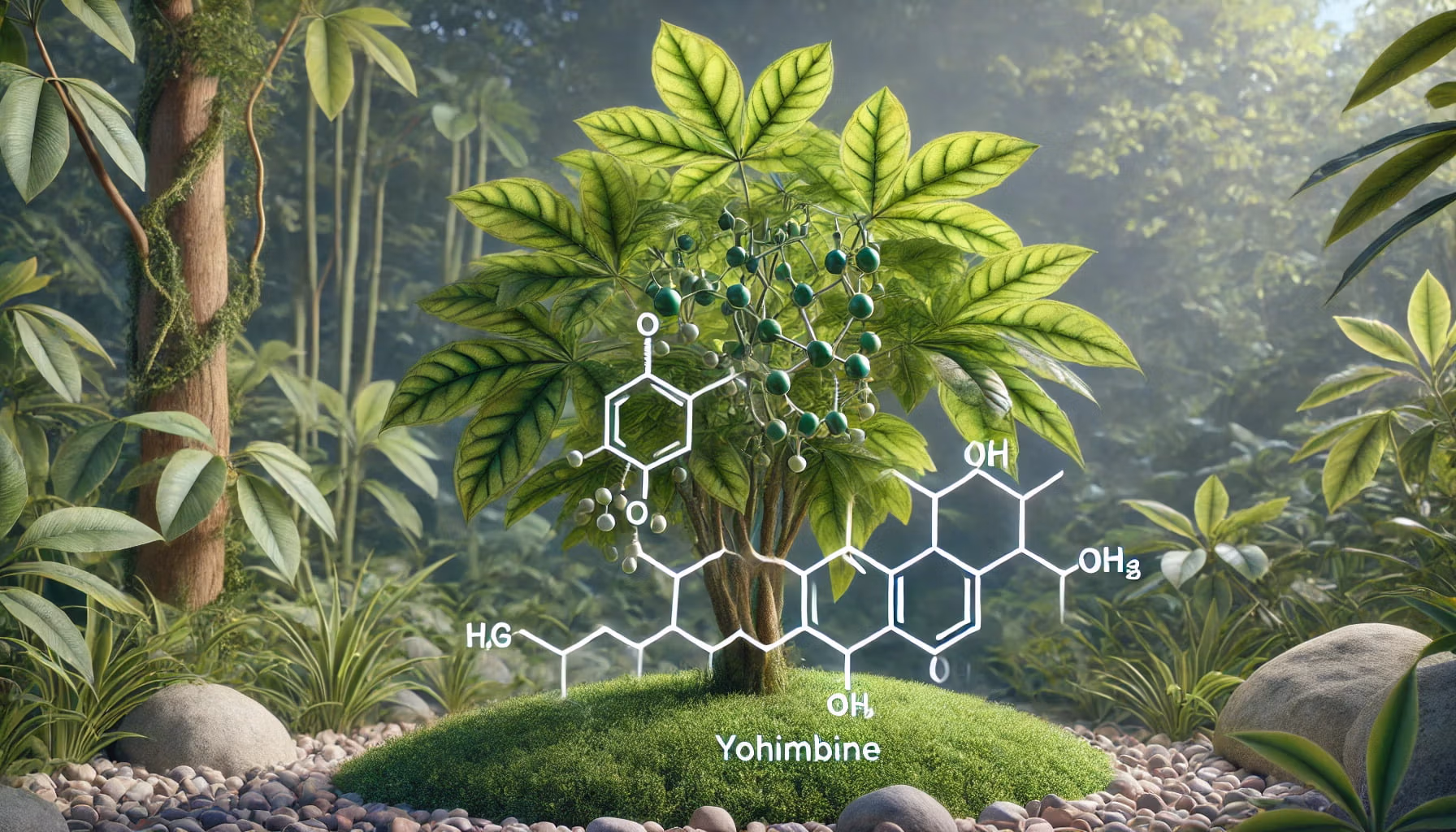 A photorealistic image of the yohimbine plant with its molecular structure.