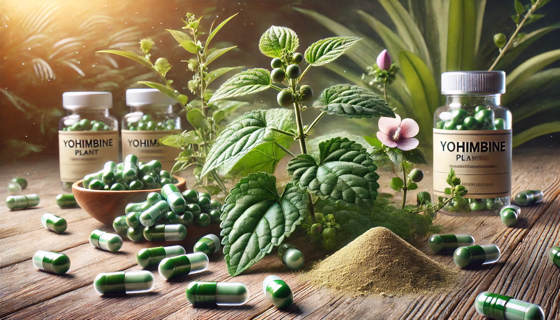 A photorealistic image of yohimbine plant and nootropic bottles with capsules.