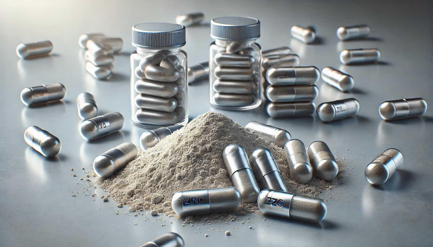 A photorealistic image of nootropic zinc powder and capsules. 